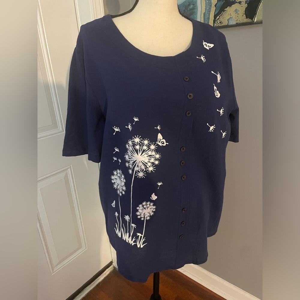 No brand Navy Short Sleeve cotton blend Shirt with design Size 1x NWOT